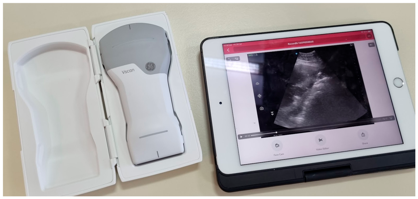 Wireless GE Vscan Air CL handheld ultrasound probe in its case beside a tablet, photographed in an equine study