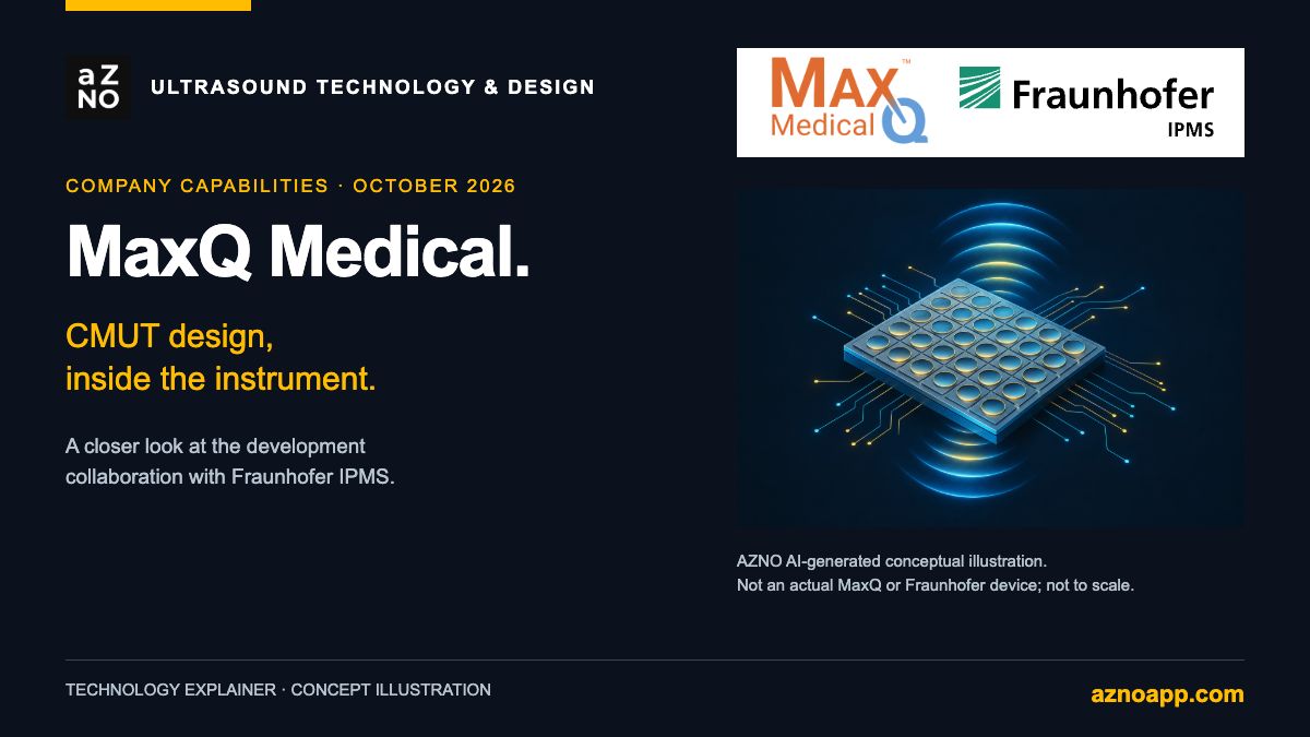 AZNO editorial cover with MaxQ Medical and Fraunhofer IPMS logos and an AI-generated conceptual membrane-array illustration; not an actual company device